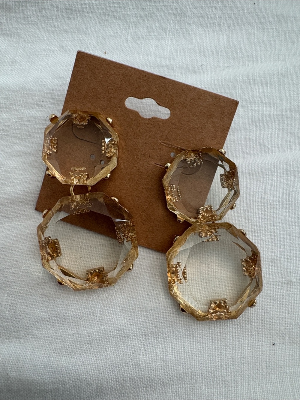 Transparent Octagon Double Drop Statement Earrings Gold Tone Trim